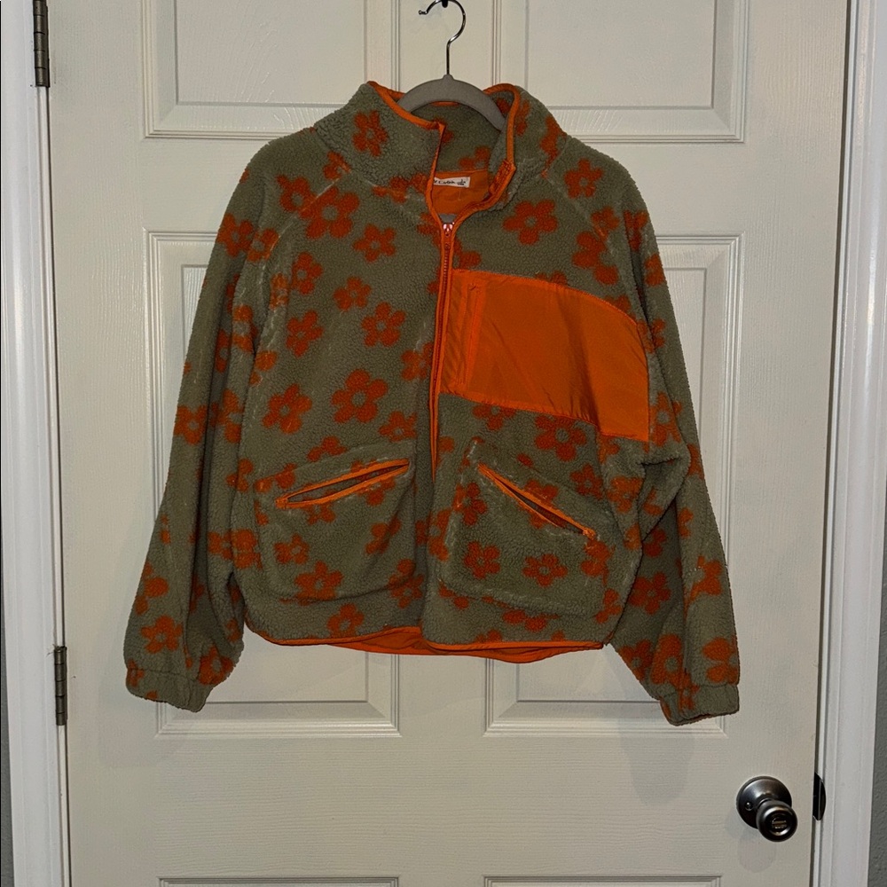 Women’s Floral Fleece Jacket - Orange and sage